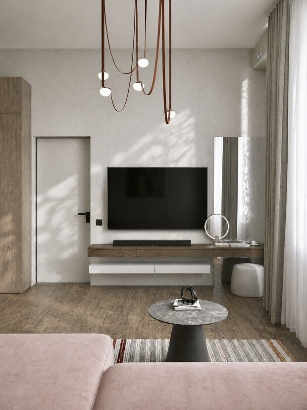 Визуализация интерьера гостиной в стиле минимализм