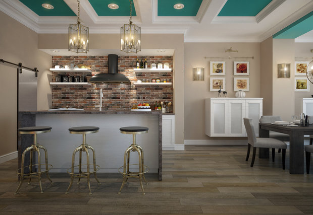 Фото из портфолио Квартира в американском стиле с голубыми кессонами – фотографии дизайна интерьеров на INMYROOM