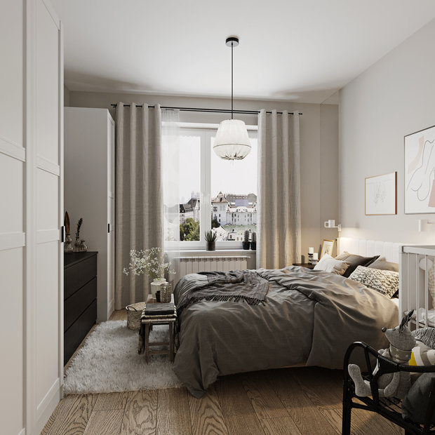 Фотография: Спальня в стиле Скандинавский, Квартира, Проект недели, Москва, 2 комнаты, 60-90 метров, Эльжбета Чегарова – фото на INMYROOM