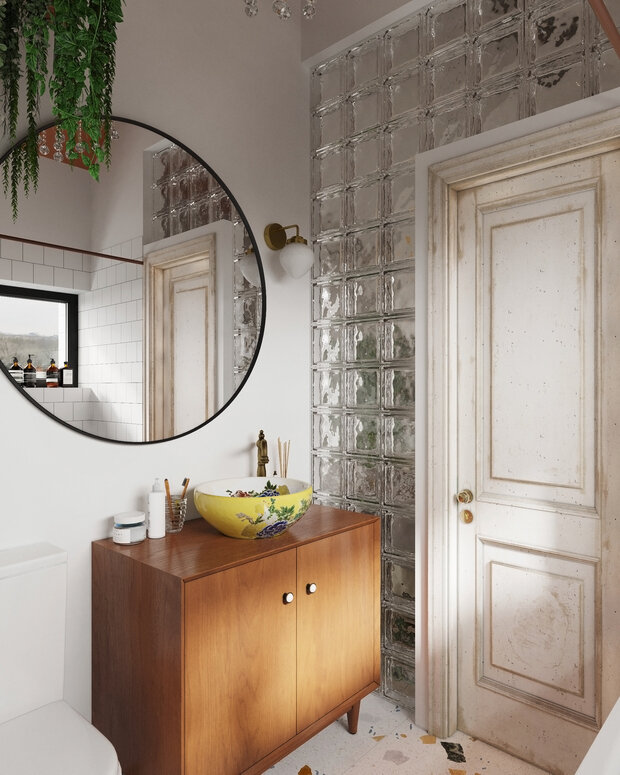 Дверь между спальней и санузлом — старая — демонтированная из старой квартиры. На ней старинная ручка из латуни, которую дизайнер привезла много лет назад из Грузии.