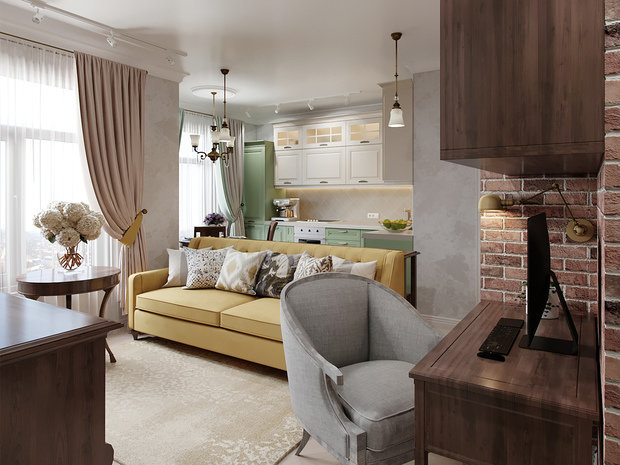Фотография: Гостиная в стиле Прованс и Кантри, Классический, Современный, Квартира, Проект недели, Санкт-Петербург, Татьяна Воронцова, 2 комнаты, 40-60 метров, Монолитно-кирпичный, ЖК «Английская миля» – фото на INMYROOM