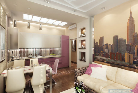 Гостиная-кухня 16 кв. м в однокомнатной квартире, в современном стиле