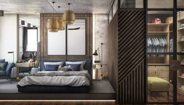 Фотография: Спальня в стиле Лофт, Современный, Квартира, Проект недели, Москва, Серый, Коричневый, ToTaste Studio, Более 90 метров – фото на INMYROOM