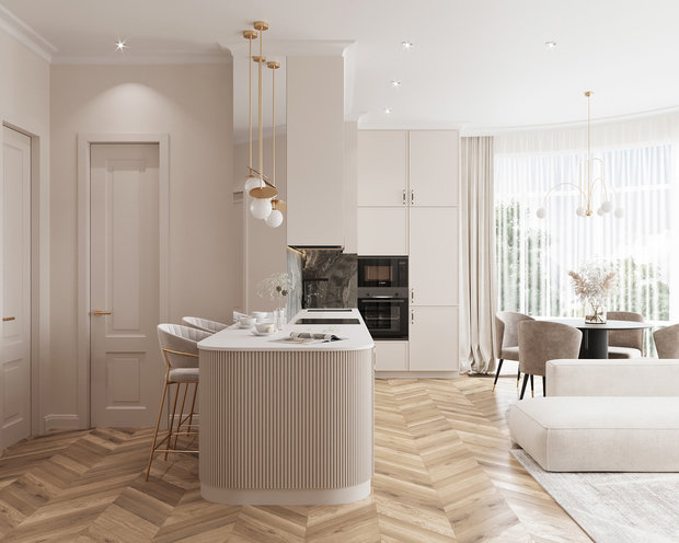 Выступ стены оформили зеркальным полотном, которое расширяет пространство и отражает красивые подвесные светильники над барной стойкой.