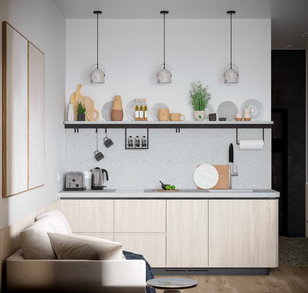 Кухонные шкафы выполнены в той же отделке под натуральное дерево, что и рельефные панели на стенах. Пространство за счет этого приема выглядит единым и продуманным.