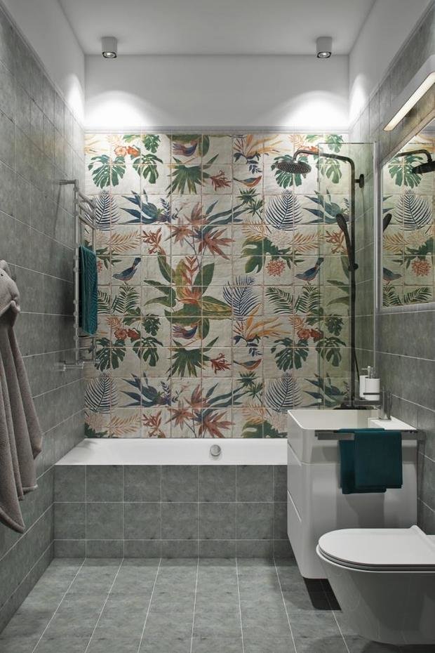 Визуализация ванной комнаты в современном стиле с тропической плиткой