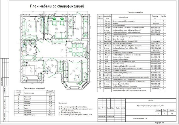 План-схема интерьера с экспликацией помещений и спецификацией мебели
