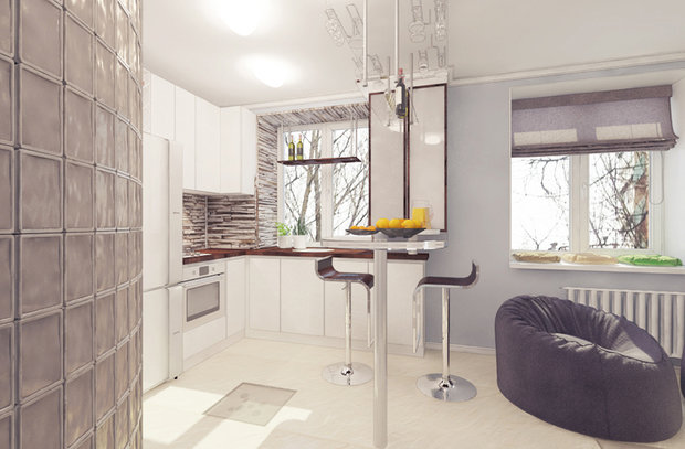 Фотография: Кухня и столовая в стиле Современный, Хай-тек, Квартира, Россия, Vitra, Белый, Проект недели, Бежевый, Dulux, Серый, Коричневый, Эко, ИКЕА, Kerama Marazzi, Новая Москва, Стильные кухни, Aureliano Toso, Vetroarredo, Kermi, Am.Pm, Devon Devon, PremierDecor, Azteca, Kludi Steel, Виктория Качуровская, Александра Бронникова, АрхБрови, ArchBrovi, студия для двоих в экостиле, скругленные углы, стена из стеклоблоков, однушка из двушки, Тушино – фото на INMYROOM