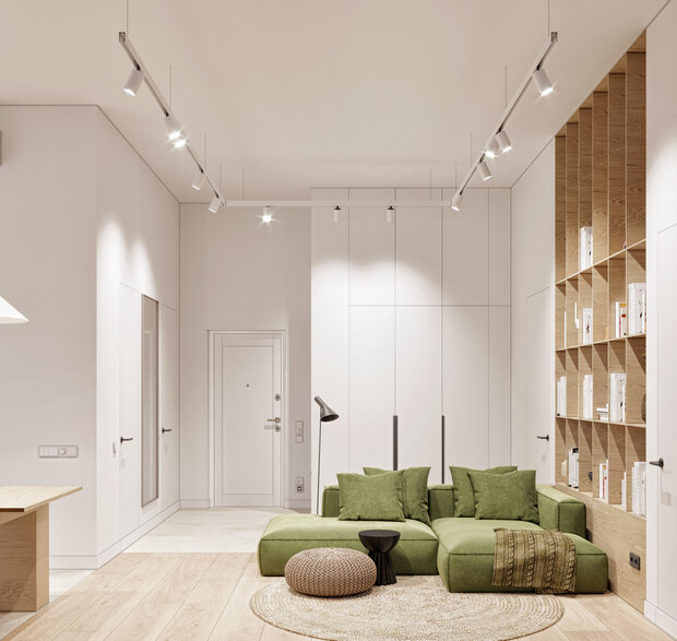 Яркий диван и высокий стеллаж рядом с ним отлично вписались в стилистику, это приятное сочетание цвета и дерева. Также классным решением является перегородка между спальней и гостиной.