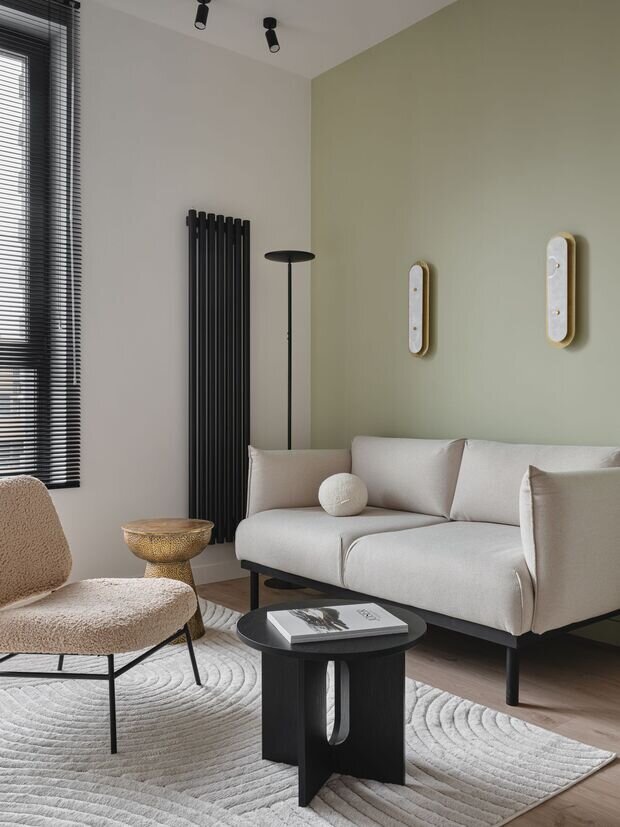 Фотография: Гостиная в стиле Современный, Минимализм, Квартира, Проект дня, Москва, 2 комнаты, 40-60 метров, современный с элементами минимализма и скандинавского стиля, ЖК «Зиларт», Зоя Закалюжная – фото на INMYROOM