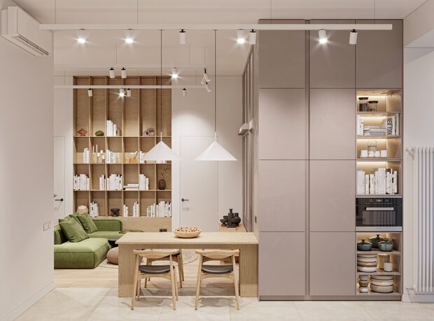 Авторский обеденный стол и стулья в скандинавском стиле. Изначально пожелания заказчиков заключались в использовании удобной мебели с природными мотивами в отделке.