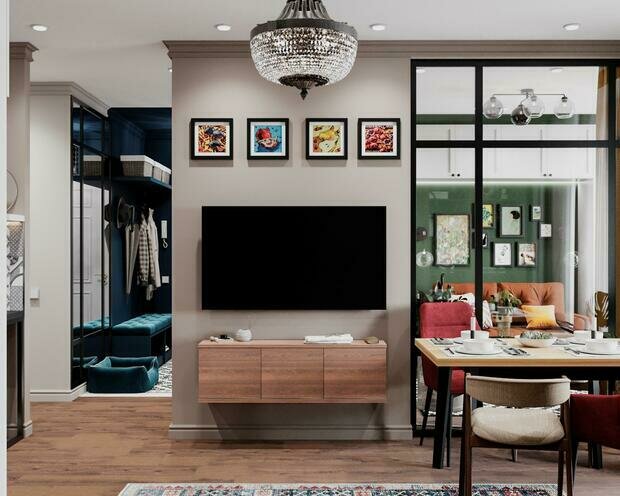 Кухня-гостиная соединена с кабинетом стеклянной перегородкой для придания объема пространству.