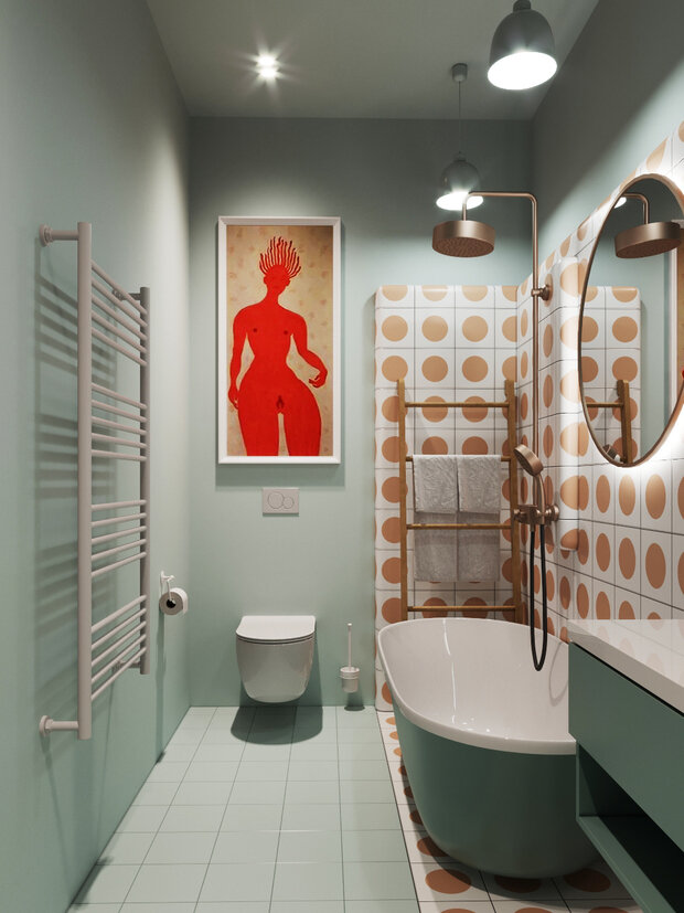 В мастер-санузле интересным элементом стала изогнутая керамическая плитка для кромки, которая дала необходимый объем для зоны ванной. Из изогнутой гибкой керамики сделали также кухонную столешницу.