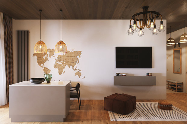 В основных помещениях на полу лежит широкая инженерная доска Finex. В прихожей на полу использовали мозаику Italon.