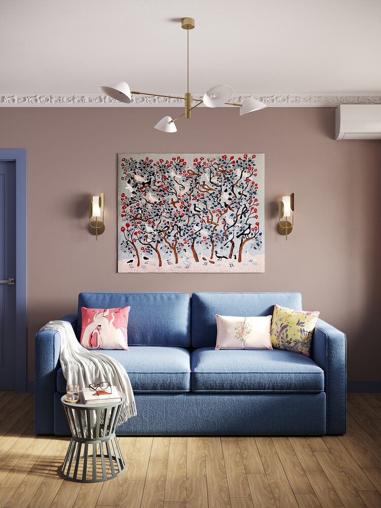 Обивку дивана подобрали в тон дверям. Гостиная — единственное помещение с полностью однотонными стенами, но и здесь есть орнамент на гобелене, украшающем стену. вместе с бра, подушками и пледом эта зона смотрится очень уютно. Обивку дивана подобрали в тон дверям. Гостиная — единственное помещение с полностью однотонными стенами, но и здесь есть орнамент на гобелене, украшающем стену. вместе с бра, подушками и пледом эта зона смотрится очень уютно.