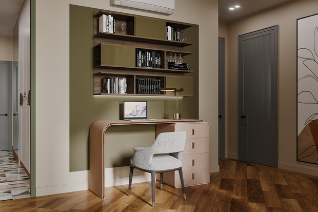 В гостиной появилась небольшая рабочая зона, в тумбочке спрятан принтер, а сверху есть много места для нужных бумаг и канцелярии. 