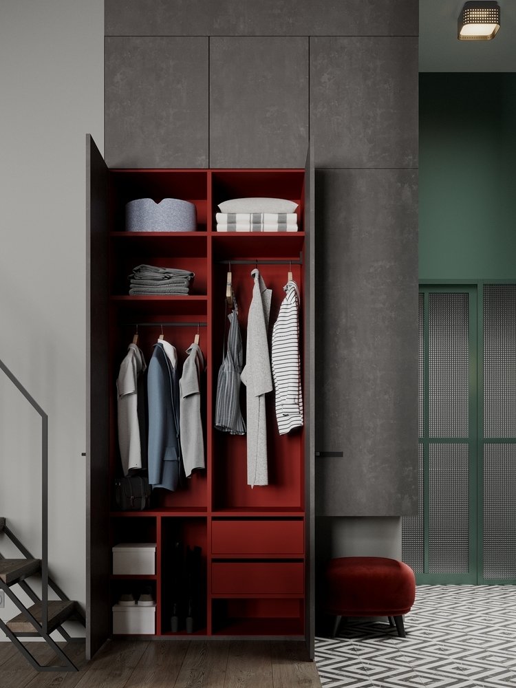 Внешне большой шкаф не бросается в глаза и не загромождает пространство, зато внутри радует ярким красным цветом. Внешне большой шкаф не бросается в глаза и не загромождает пространство, зато внутри радует ярким красным цветом.