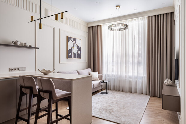 Фотография: Гостиная в стиле Современный, Квартира, Проект дня, 2 комнаты, 40-60 метров, Анна Жижайкина, современный с элементами неоклассики – фото на INMYROOM