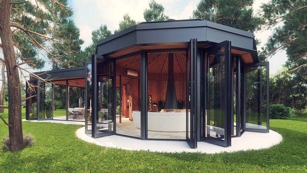 Визуализация террасы в современном стиле с панорамными дверями и камином