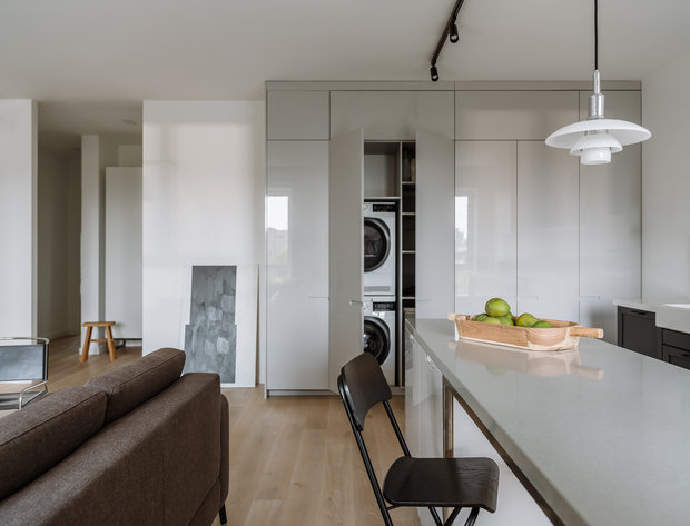 В шкафу встроены стиральная и сушильная машины, холодильник с морозильником, а также есть доступ к техническим люкам управления отоплением и водоснабжением. В квартире было решено не устраивать подсобные помещения или постирочную, благодаря такому решению удалось сохранить больше свободного места в жилых комнатах.