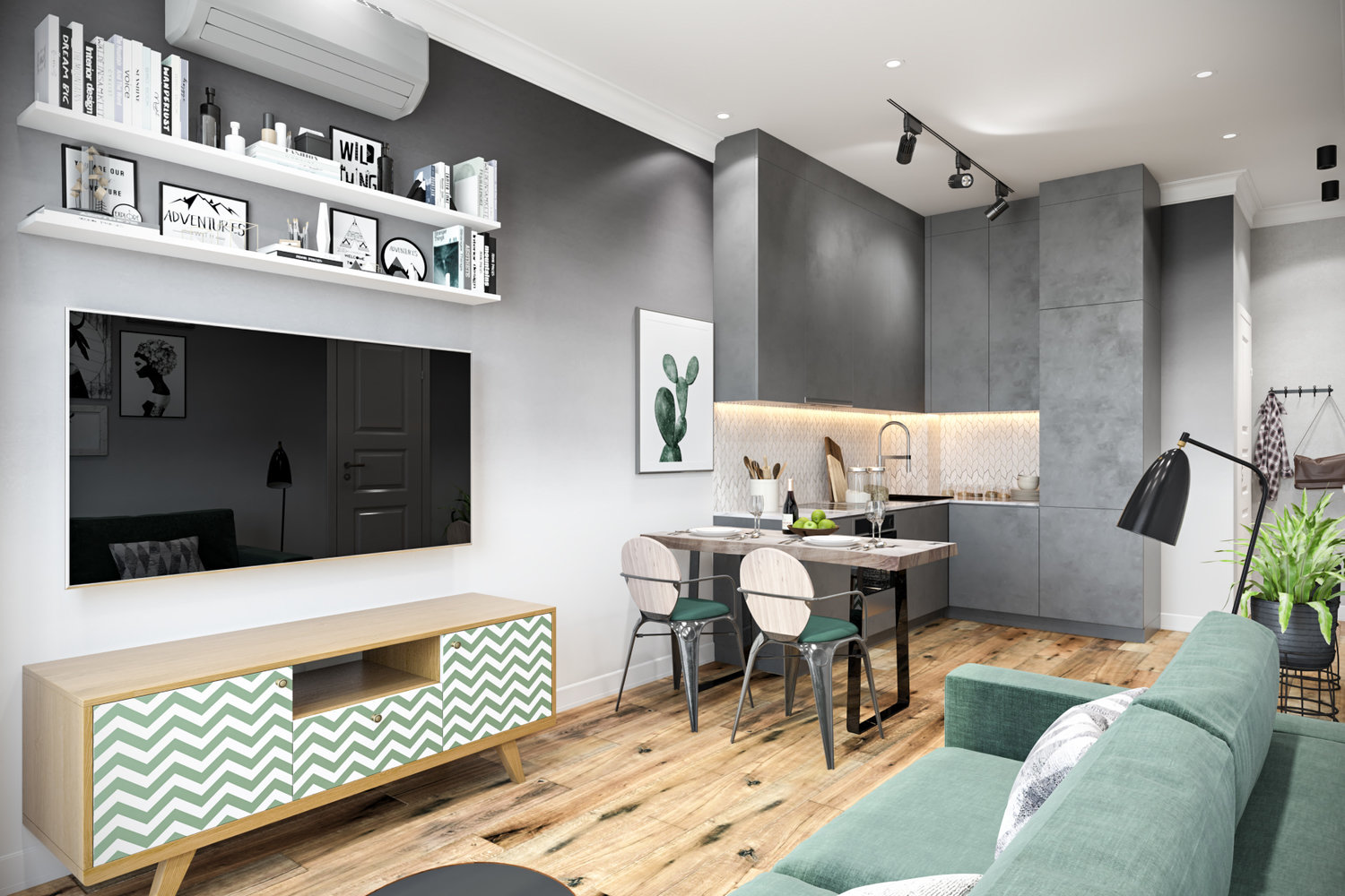 Фотография: Кухня и столовая в стиле Скандинавский, Современный, Квартира, Проект недели, Москва, Дарья Ельникова, 1 комната, 40-60 метров, Монолитно-кирпичный, ЖК «Невский» – фото на INMYROOM