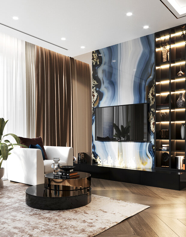Визуализация интерьера гостиной в современном стиле с акцентной стеной