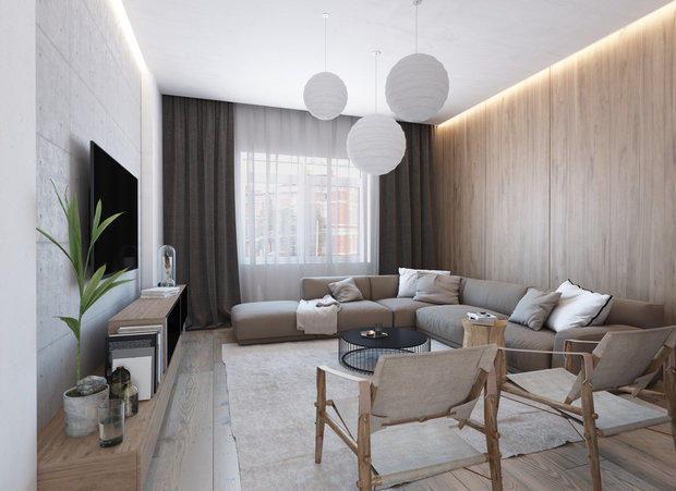 Фотография: Гостиная в стиле Минимализм, Эко, Квартира, Проект недели, Московская область, Королев, Монолитный дом, 4 и больше, Более 90 метров, «Ригель и Балка» – фото на INMYROOM