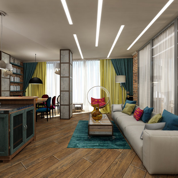 Фотография: Гостиная в стиле Эклектика, Лофт, Квартира, Проект недели, Челябинск, новостройка, Анна Серскова, ЙОХ architects, Монолитный дом, 2 комнаты, 60-90 метров – фото на INMYROOM