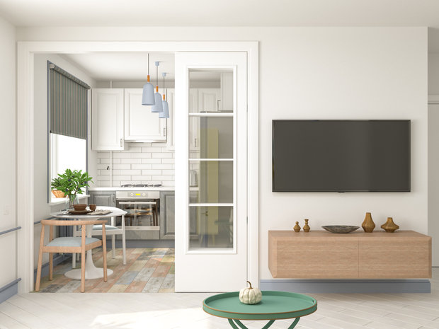 Фотография: Гостиная в стиле Скандинавский, Квартира, Студия, Проект недели, Москва, Ирина Кривцова, Сталинка, Кирпичный дом, до 40 метров – фото на INMYROOM