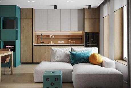 Дизайн интерьера квартиры в ЖК «Monodom Art» в современном стиле с яркими акцентами