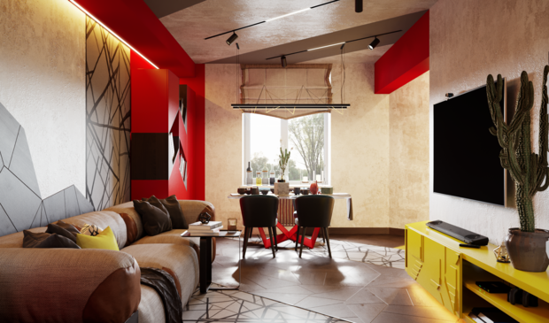 В гостиной соединили грубую декоративную штукатурку, графику на полу и стенах, модульный паркет и самый яркий цвет в спектре.