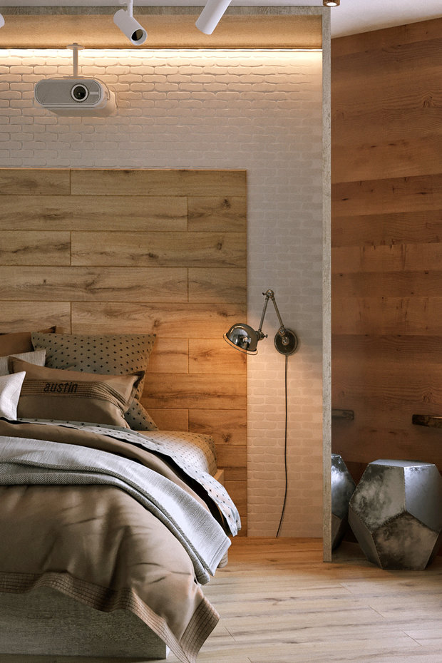 Интерьер спальни в стиле минимализм с элементами эко