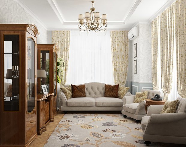Визуализация интерьера гостиной в классическом стиле