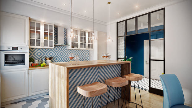 Фотография: Кухня и столовая в стиле Скандинавский, Современный, Эклектика, Квартира, Планировки, Проект недели, Желтый, Синий, Бирюзовый, Химки, Co:Interior, Ирина Цинкер, Полина Старчикова – фото на INMYROOM