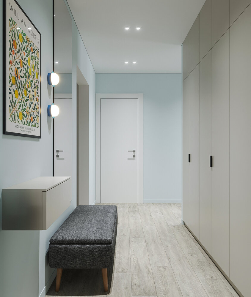 Прихожая оснащена большим вместительным шкафом для хранения сезонной и несезонной верхней одежды, обуви и аксессуаров. Также в этом шкафу предусмотрена обувная полка с резиновыми ковриками для повседневной обуви, которая скрыта за фасадом шкафа. Прихожая оснащена большим вместительным шкафом для хранения сезонной и несезонной верхней одежды, обуви и аксессуаров. Также в этом шкафу предусмотрена обувная полка с резиновыми ковриками для повседневной обуви, которая скрыта за фасадом шкафа.