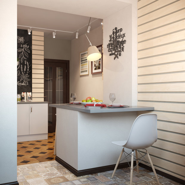 Фотография: Кухня и столовая в стиле Скандинавский, Проект недели, барная стойка на кухне, Сургут, новостройка, ДА-Дизайн, холодильник на балконе – фото на INMYROOM
