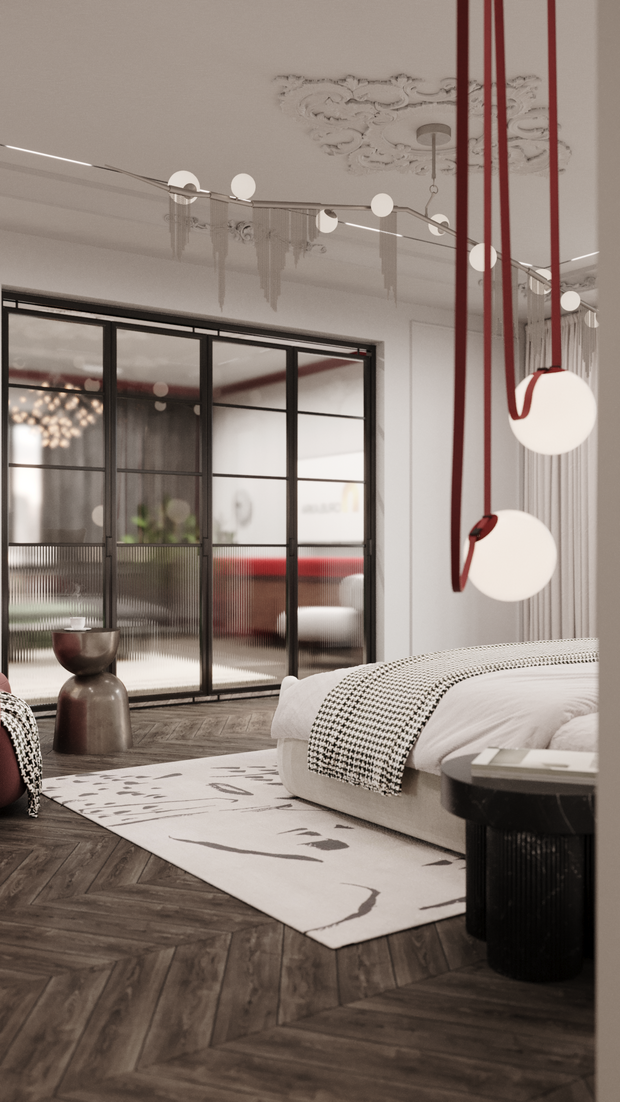 Визуализация интерьера спальни в классическом стиле с элементами современного дизайна