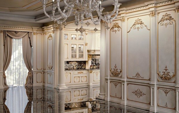 Визуализация интерьера кухни в классическом стиле с позолоченными панелями