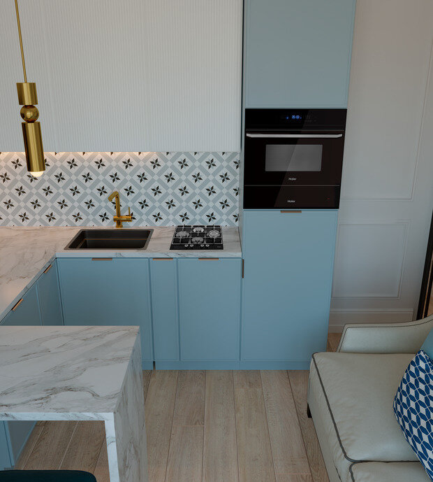 Фотография: Кухня и столовая в стиле Классический, Современный, Эклектика, Квартира, Проект недели, Голубой, 1 комната, до 40 метров, энциклопедия_интерьер, Вера Шеверденок – фото на INMYROOM