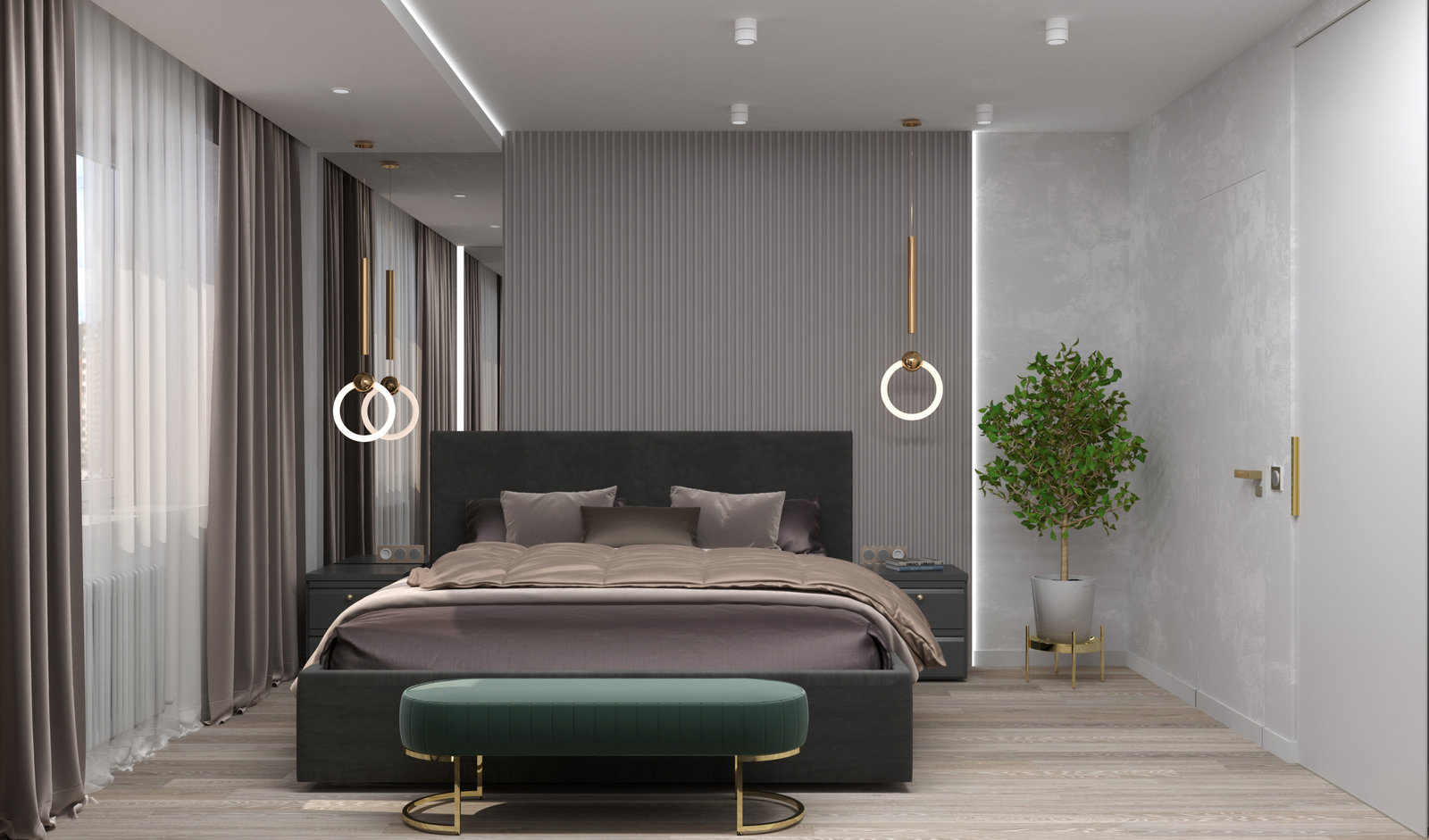 На стене использована декоративная штукатурка в технике «перламутровый перелив», акцентная часть выполнена из окрашенных гипсовых ламелей.