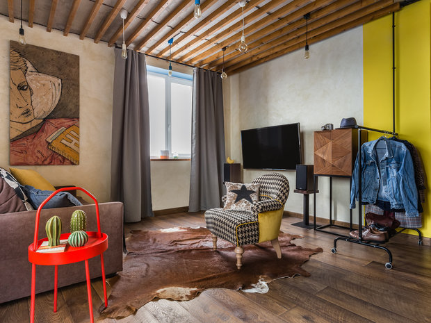 Фотография: Гостиная в стиле Лофт, Квартира, Проект недели, Самара, 1 комната, до 40 метров, Екатерина Малмыгина – фото на INMYROOM