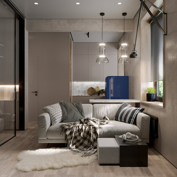 Фотография: Гостиная в стиле Современный, Минимализм, Малогабаритная квартира, Квартира, Студия, Москва, Хрущевка, Кирпичный дом, до 40 метров, MARI GRI Interiors, Мари Гри – фото на INMYROOM