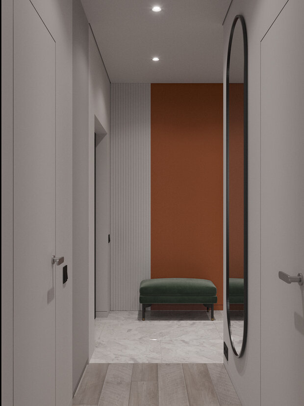 В прихожей также используются яркая покраска и практичные антивандальные панели. Для пола выбрали керамогранит, за которым легко ухаживать.