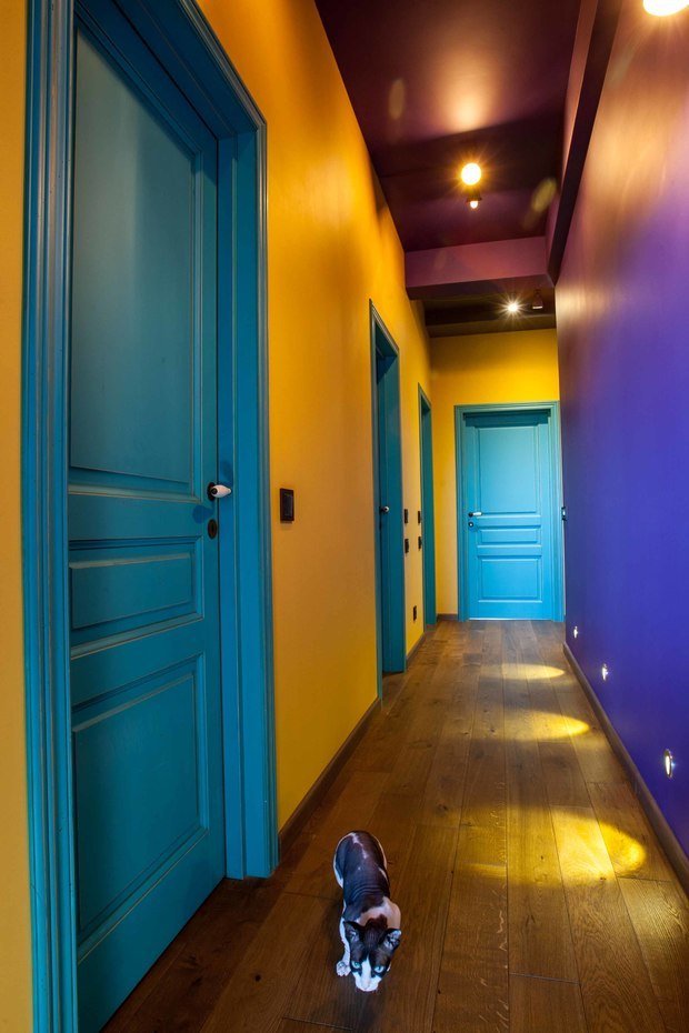 Интерьер прихожей в эклектичном стиле с яркими стенами и синими дверями