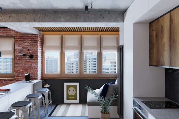 Фотография: Кухня и столовая в стиле Лофт, Квартира, Проект недели, Алексей Иванов, Павел Герасимов, Geometrium, Московская область, 2 комнаты, 40-60 метров, Монолитно-кирпичный – фото на INMYROOM