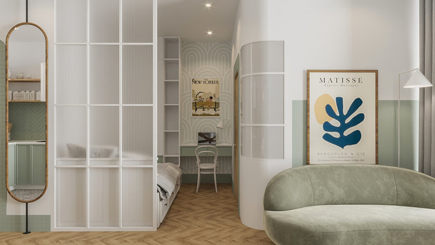 Фотография: Спальня в стиле Скандинавский, Современный, Квартира, Проект недели, Москва, 2 комнаты, до 40 метров, ALLO MISHEL, Олеся Клокова – фото на INMYROOM