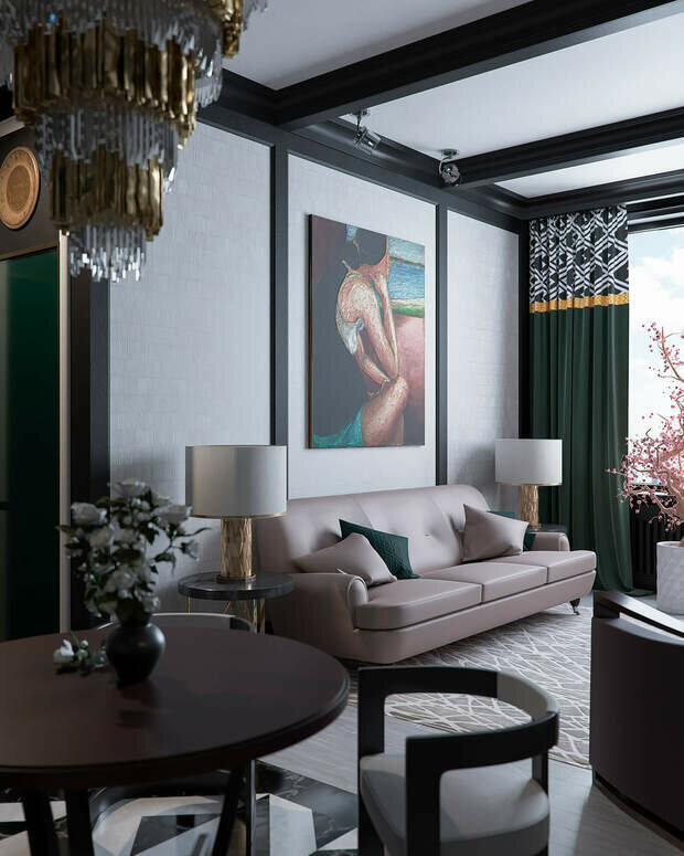 Визуализация интерьера гостиной в современном стиле с элементами эклектики