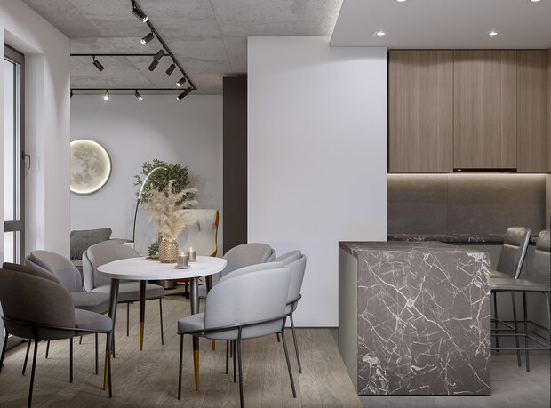 Визуализация интерьера кухни и столовой в современном стиле