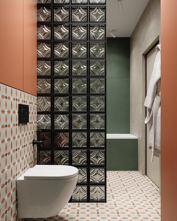 Интерьер ванной в современном стиле с использованием стеклянных блоков