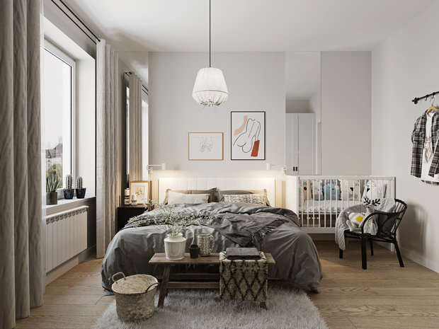 Фотография: Спальня в стиле Скандинавский, Квартира, Проект недели, Москва, 2 комнаты, 60-90 метров, Эльжбета Чегарова – фото на INMYROOM